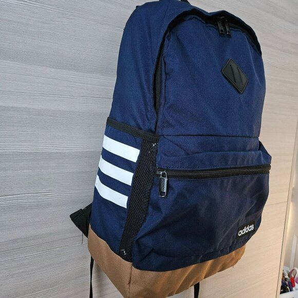 Adidas Classic Navy 3 Stripe Backpack Front Zip Pocket & Side Mesh Pockets Bag - Picture 4 of 16
